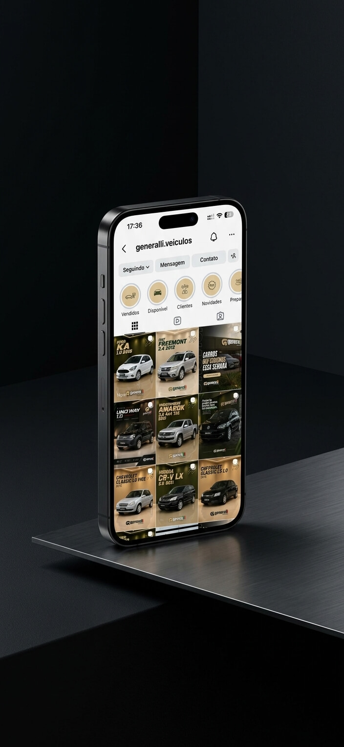Perfil do Instagram da Generalli Veículos em mockup de celular