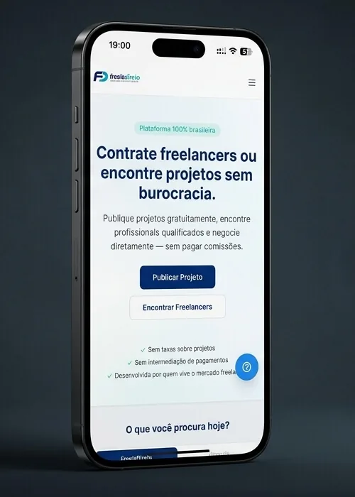 Site do Freela Direto em um smartphone, projeto da Pimentex